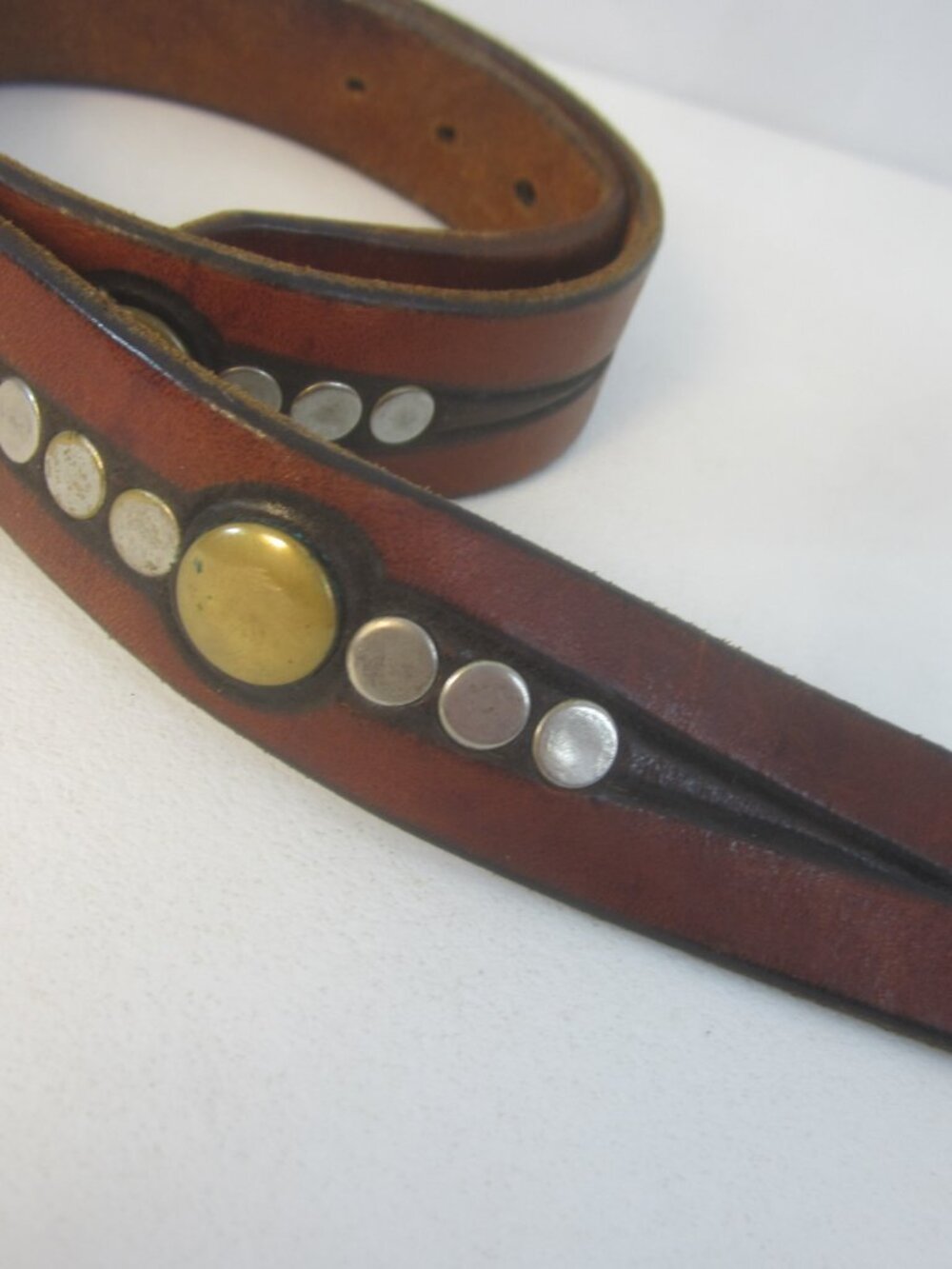 Vtg Unbranded Brown Leather Studded Belt 30" - 34" Brass Buckle Handmade Y2K